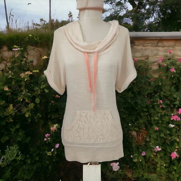 Y2K Fitted Sweater Short Sleeve Small Sheer Pocket Cowl Neck Asymmetric Hem 90s. - Picture 1 of 16